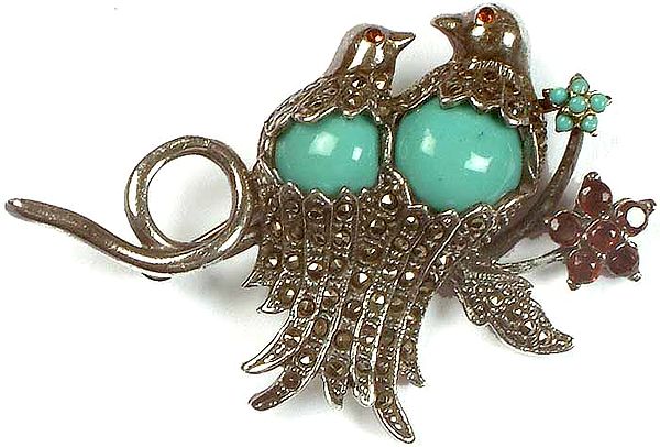 Turquoise Pair of Cuckoo Brooch with Garnet