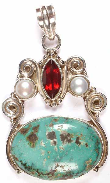 Turquoise Pendant with Garnet and Pearl