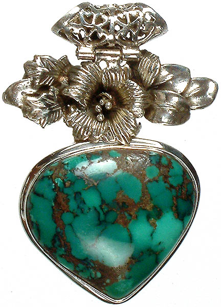 Turquoise Pendant with Lattice Bale and Flower