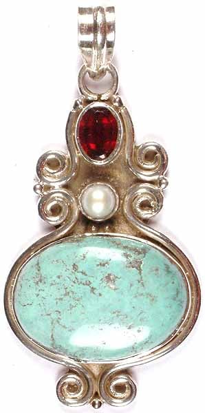 Turquoise Pendant with Pearl & Garnet