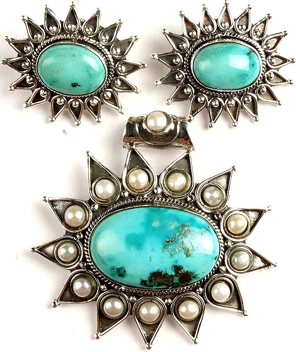 Turquoise Pendant with Pearl and Earrings Set