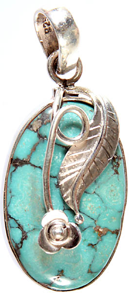 Turquoise Pendant with Sterling Leaf and Flower