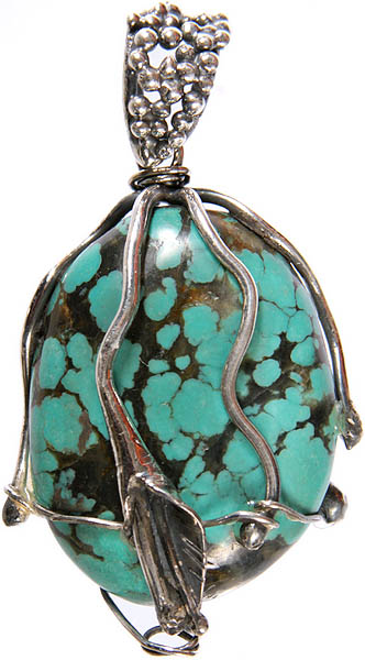 Turquoise Pendant with Sterling Leaf and Veins