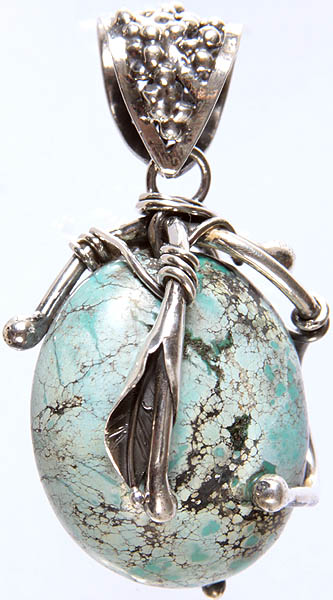 Turquoise  Pendant with Sterling Leaves and Veins