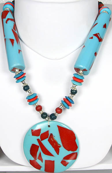 Turquoise-Blue Beaded Necklace with Large Pendant