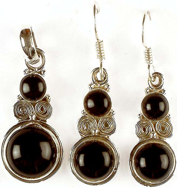 Twin Black Onyx Pendant & Earrings Set with Spirals