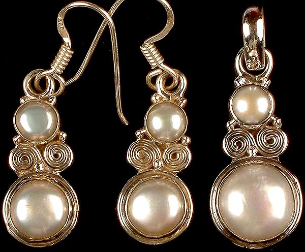 Twin Pearl Pendant & Earrings Set with Spirals