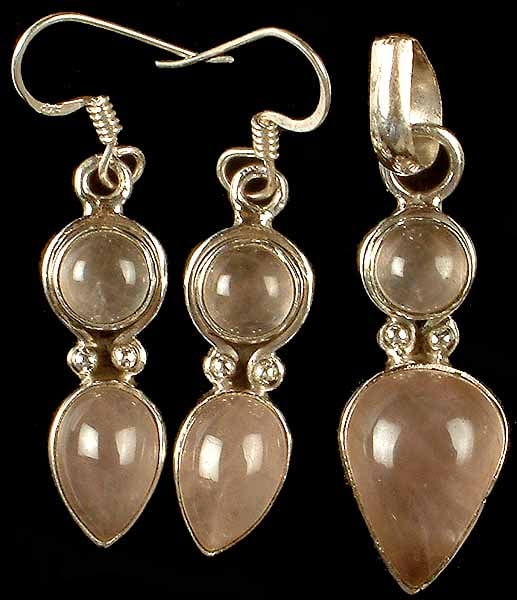 Twin Rose Quartz Pendant with Matching Earrings Set