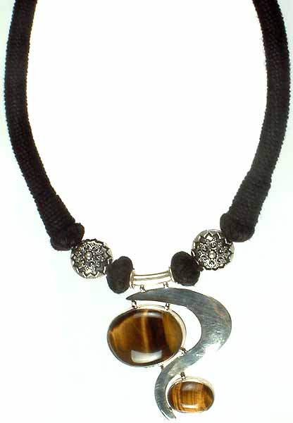 Twin Tiger Eye Antiquated Necklace with Black Cord