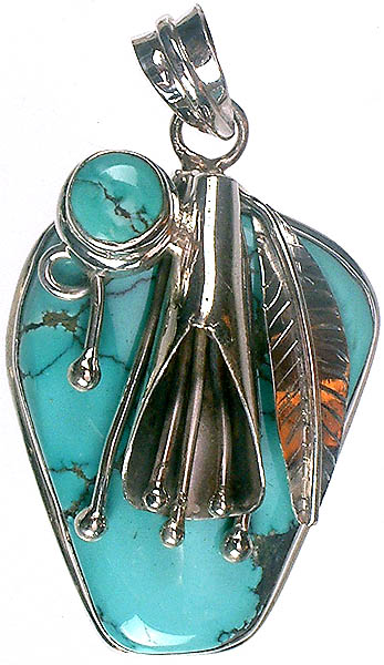 Twin Turquoise Pendant with Sterling Leaf and Veins