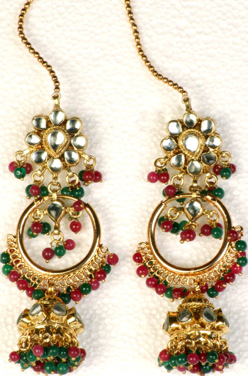 Twin-Design Kundan Earwrap Jhumka Earrings with Faux Ruby and Emeralds