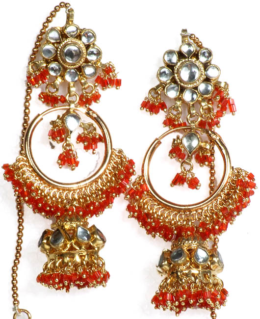 Twin-Design Orange Kundan Earwrap Jhumka Earrings