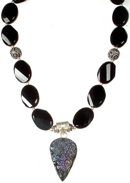 Twisted Black Onyx Beaded Necklace with Peacockolite Charm