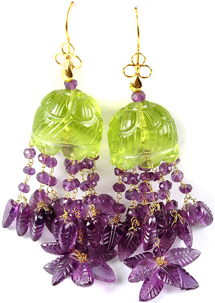 Umbrella Chandeliers of Carved Peridot and Amethyst Leaves