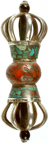 Vajra (Dorje) Pendant with Inlay Coral, Turquoise and Black Onyx