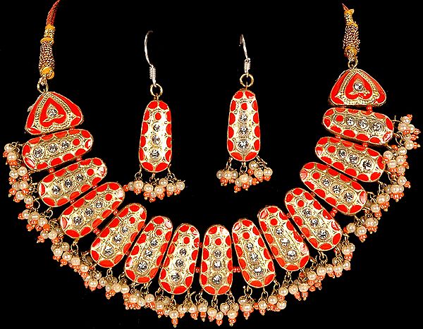 Vermilion and Gold Designer Necklace with Earrings Set