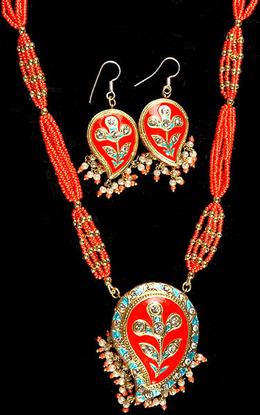 Vermilion Beaded Necklace with Paisley Pendant and Matching Earrings Set