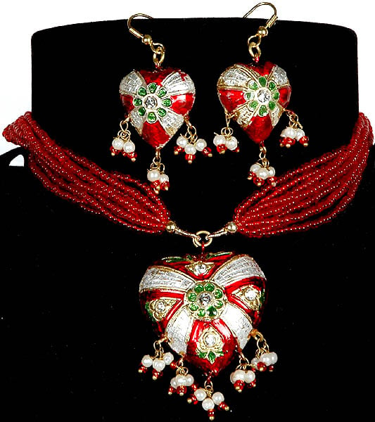 Victoria Cross Red Green Necklace with Matching Earrings