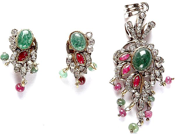 Victorian Gemstone Pendant with Matching Earrings (Emerald and Ruby)