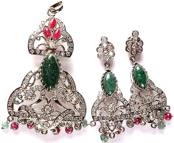 Victorian Ruby and Emerald Pendant with Earrings