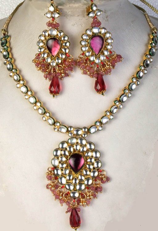 Violet Thewa Necklace Set with Real Kundan | Exotic India Art