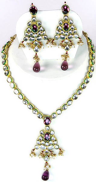 Violet Thewa Necklace Set with Real Kundan