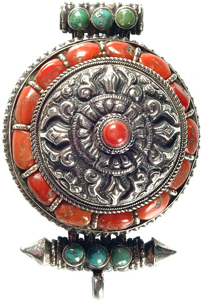 Vishva Vajra Gau Box Pendant with Coral and Turquoise
