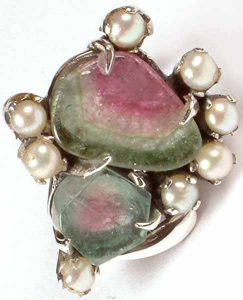Watermelon Tourmaline Ring with Pearls