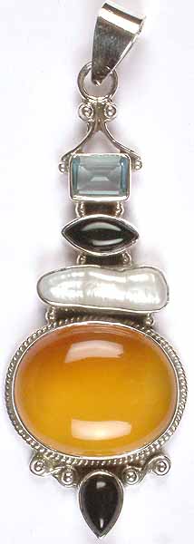 Yellow Chalcedony Pendant with Black Onyx, Pearl and Blue Topaz