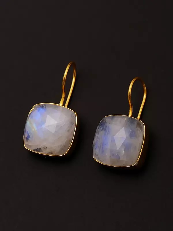Cushion Shape Rainbow Moonstone Earrings