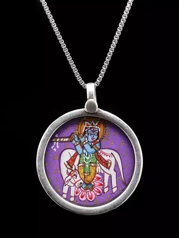 Hand-Painted Fluting Krishna with His Cow Pendant