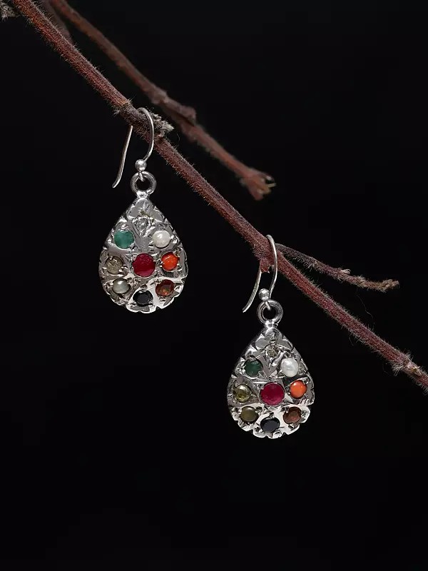 Teardrop Shape Navaratna Dangle Earrings