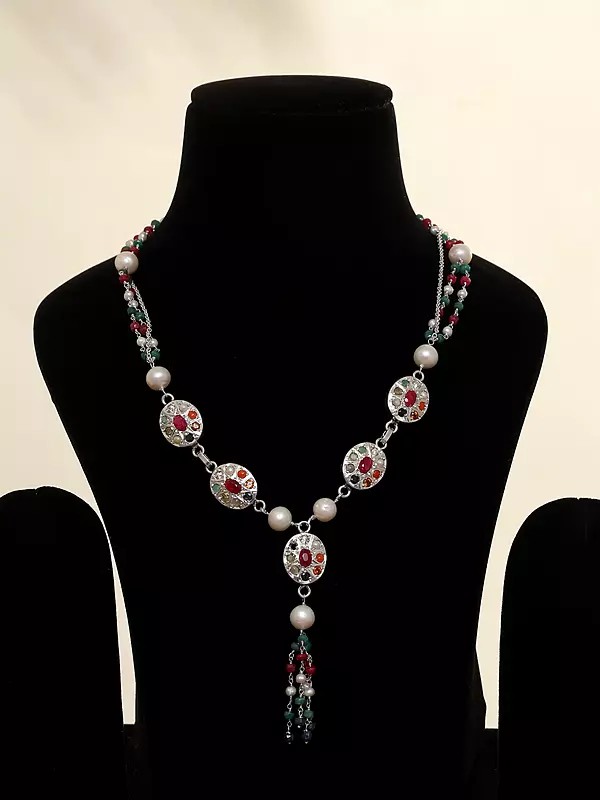Navaratna Long Necklace with Dangling Gemstone Beads