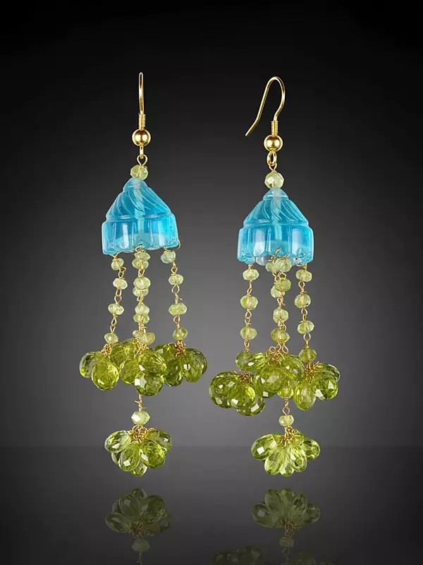 Carved Apatite and Faceted Peridot Umbrella Chandeliers