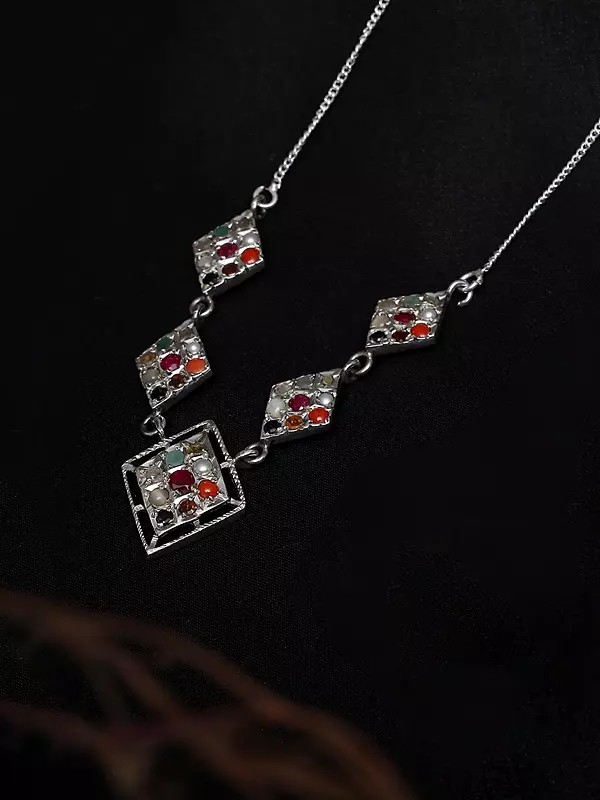 Kite Shape Sterling Silver Navaratna Necklace