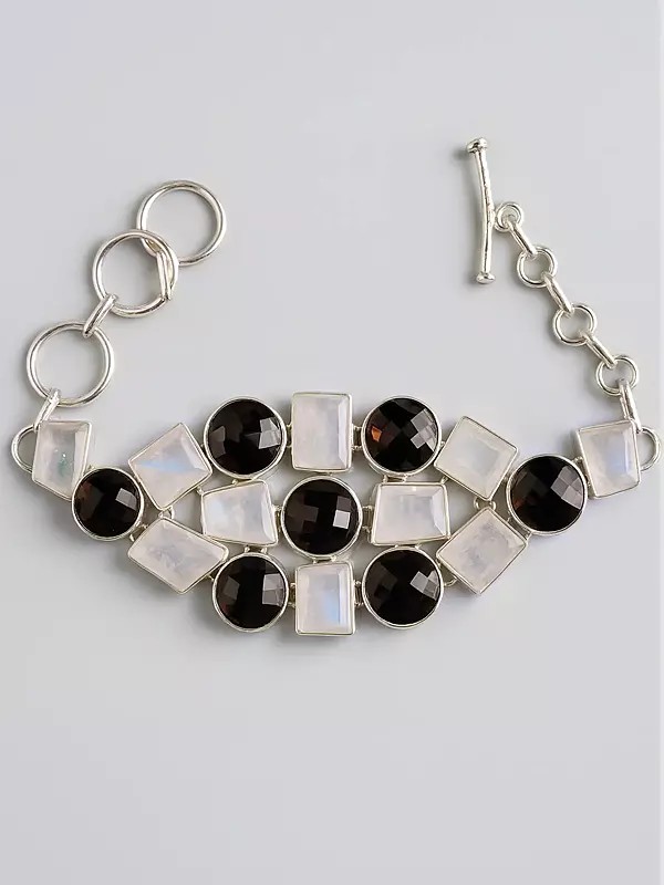 Faceted Rainbow Moonstone Bracelet with Smoky Quartz