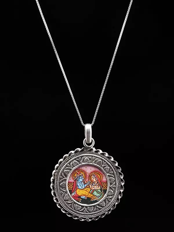 Round Shape Hand-Painted Seated Radha Krishna Pendant