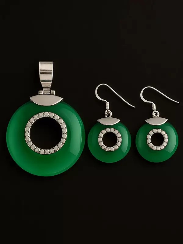 Green Onyx Pendant with Matching Earrings Set - Sterling Silver