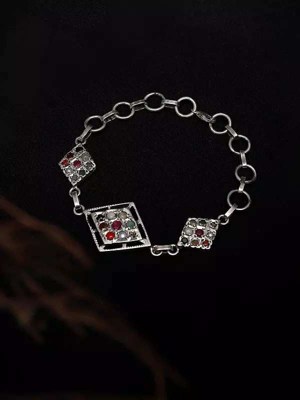 Kite Shape Sterling Silver Bracelet with Navaratna