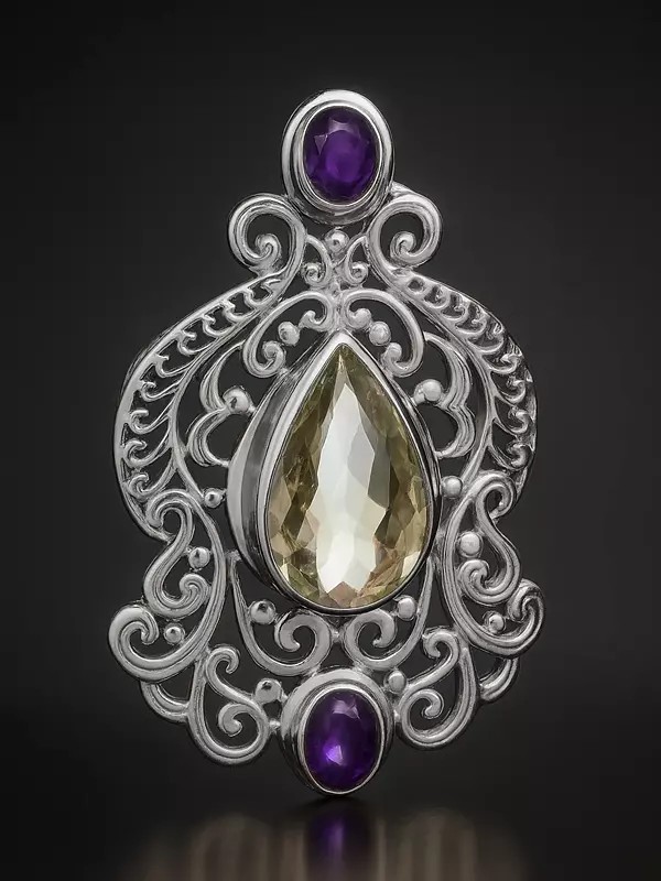 Faceted Green and Purple Amethyst Noveau Pendant
