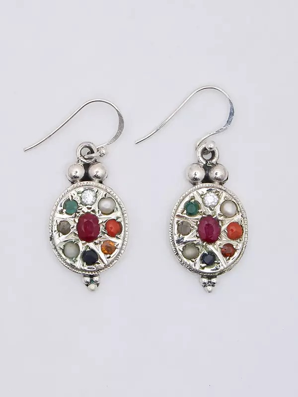 Oval Shape Navaratna Dangle Earrings