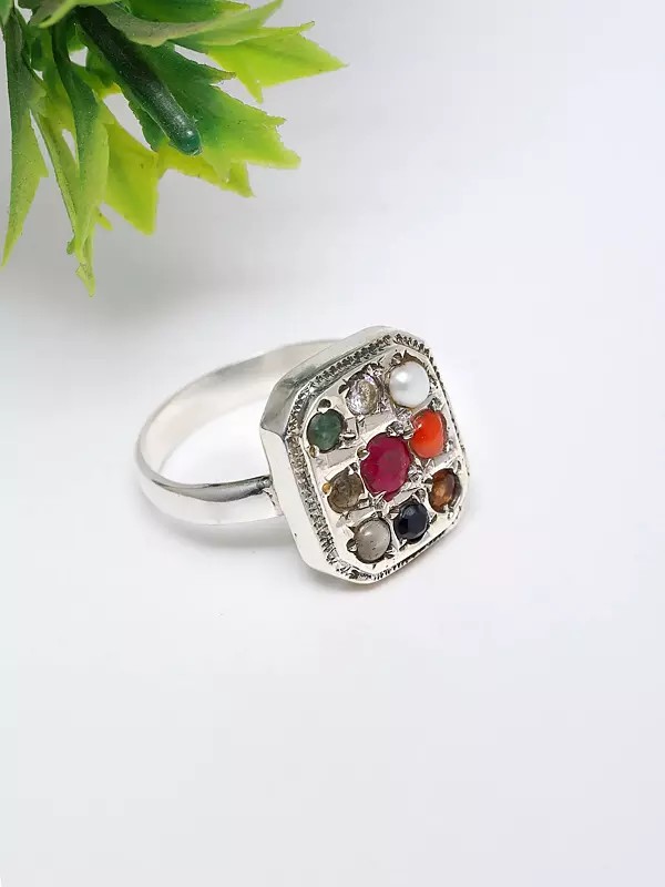 Cushion Shape Navaratna Ring | Unisex Indian Jewelry