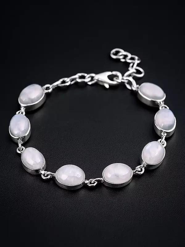 Rainbow Moonstone (Cabochon) Studded Sterling Silver Bracelet with Lobster Clasp