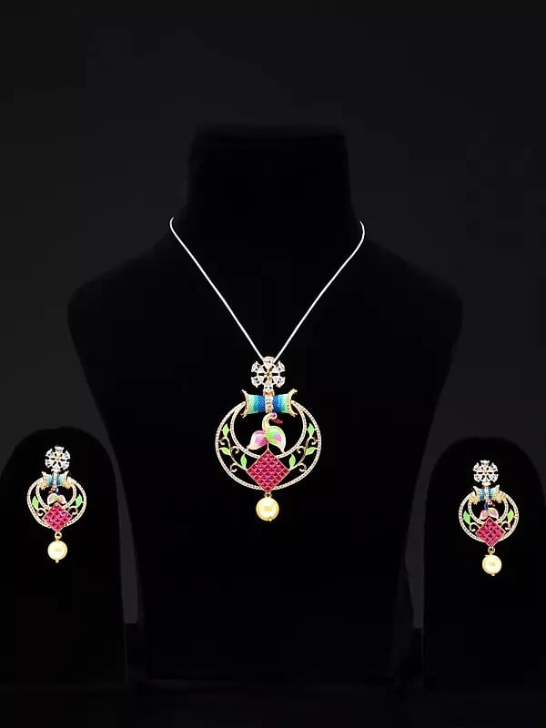 Multicolor Peacock Pendant and Earring Set with Pearl Drop