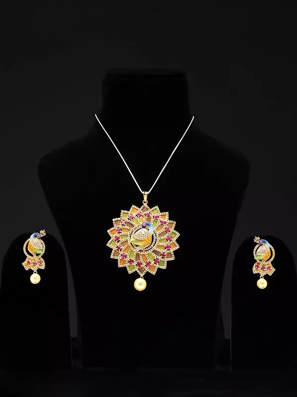 Multicolor Floral Peacock Pendant and Earring Set with Ruby and Cubic Zirconia