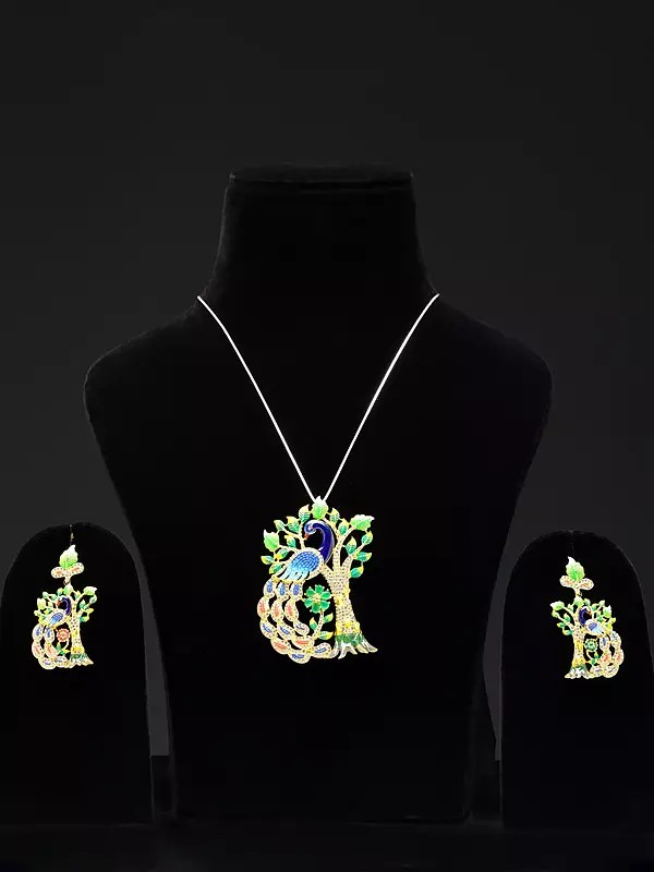 Designer Peacock Pendant and Earrings Set with Cubic Zirconia