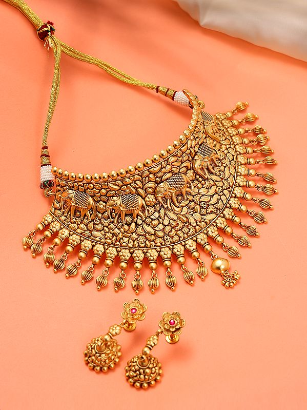 Traditional Brass Choker Necklace with Earrings Set