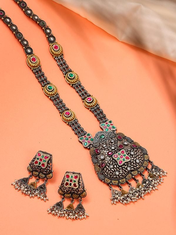 Stone Studded Long Necklace with Earrings Set