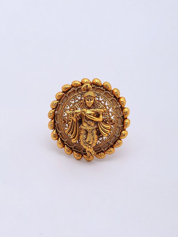 Fluting Lord Krishna Round Shape Brass Adjustable Ring