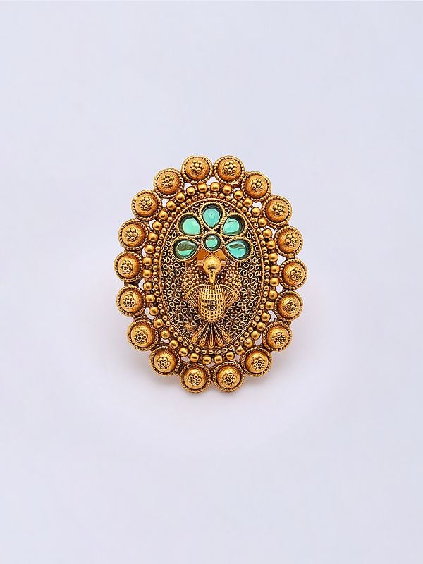 Peacock Design Oval Shape Adjustable Ring with Studded Stone